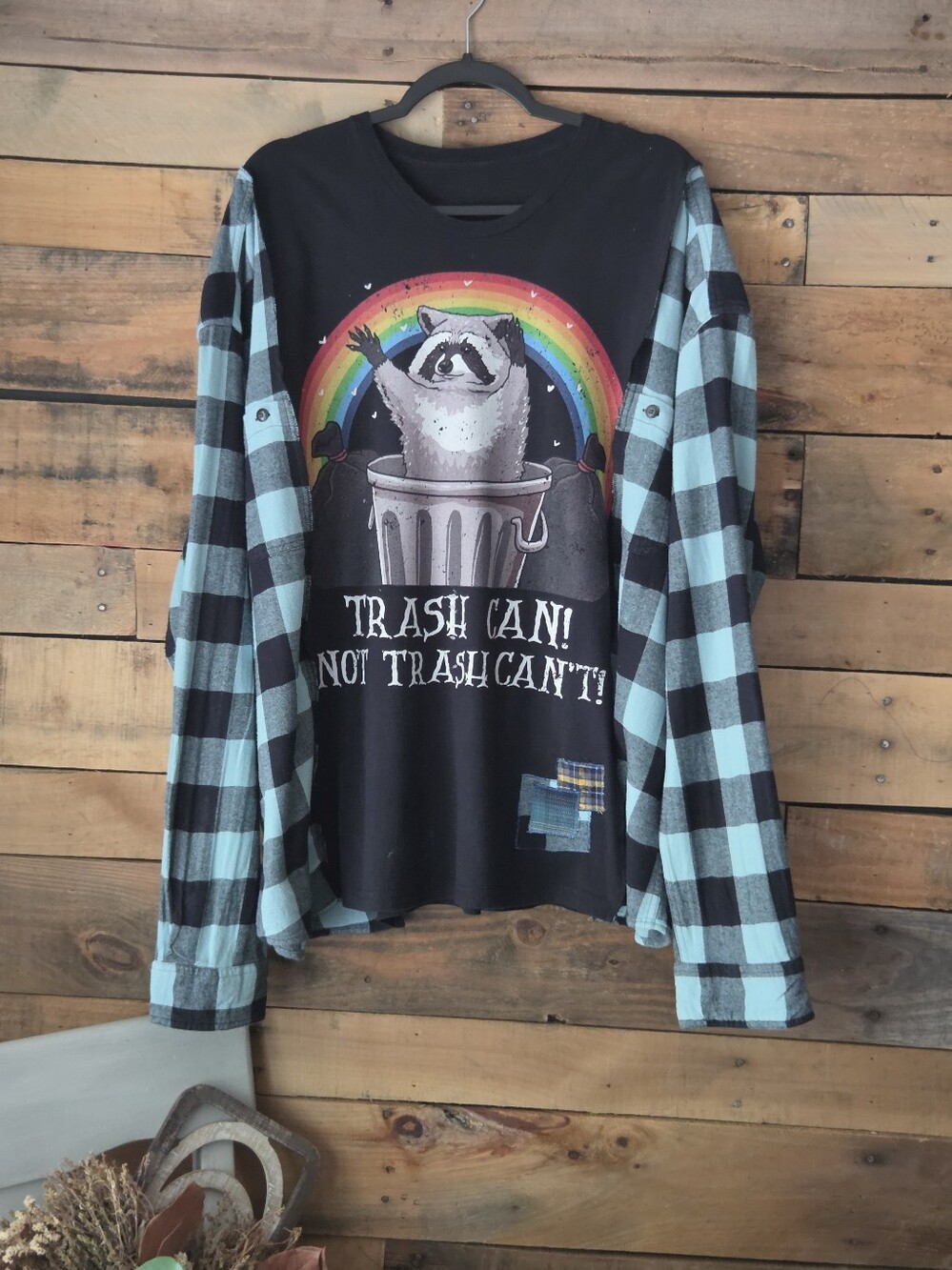 Upcycled Graphic Raccoon Long-Sleeve Top - Black & Aqua Plaid